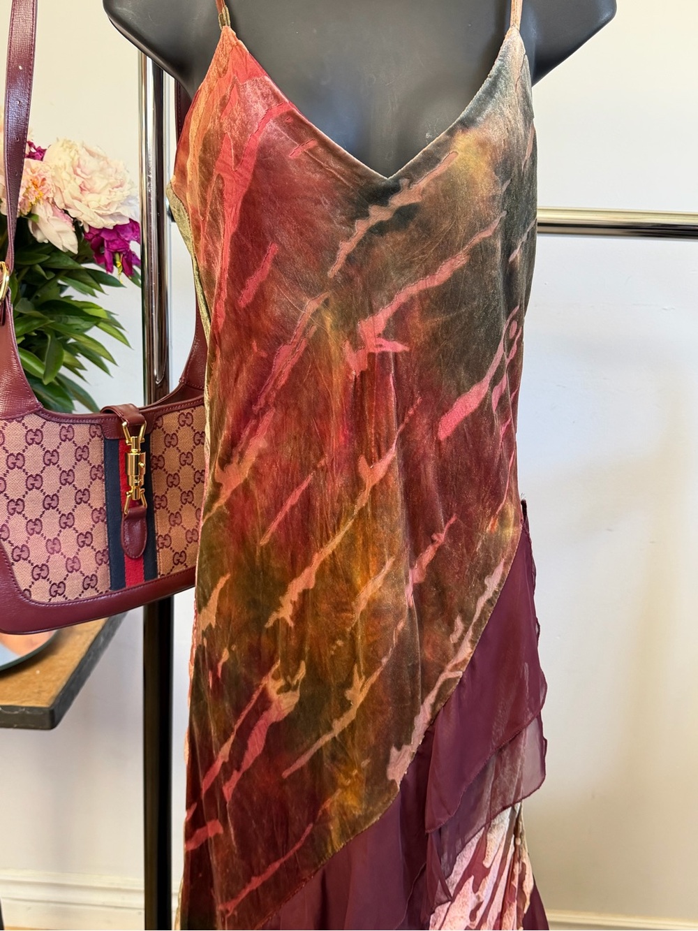 Jeff Gallano Paris Burgundy Velvet Burnout Layered Evening Gown Dress FR 42 - Picture 3 of 10